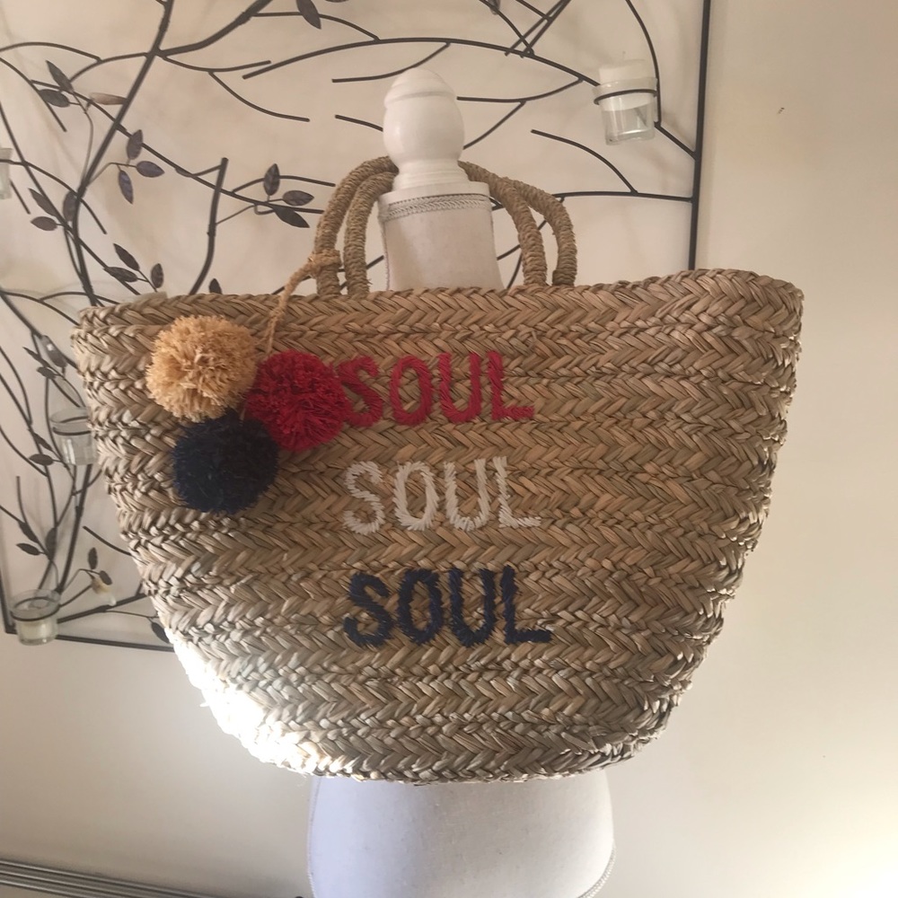 NWT Soulcycle 'Soul Soul Soul' Raffia Straw Beach Bag Tote with Pom Pom Design